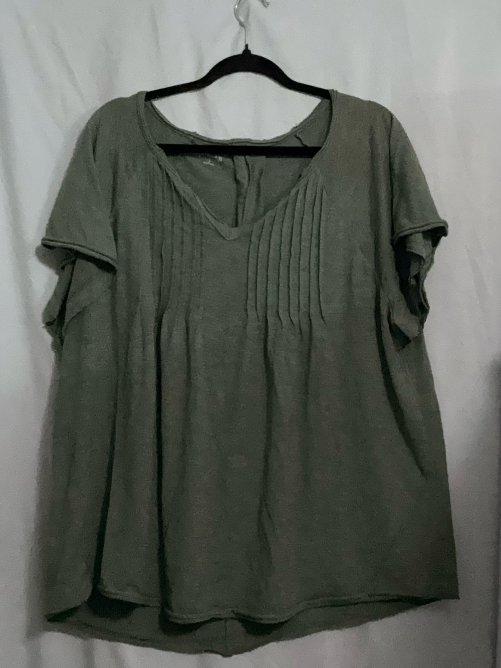 Wonderly Women's Large Sage Green Pleated Front Short Sleeve Top Boho Slub Knit